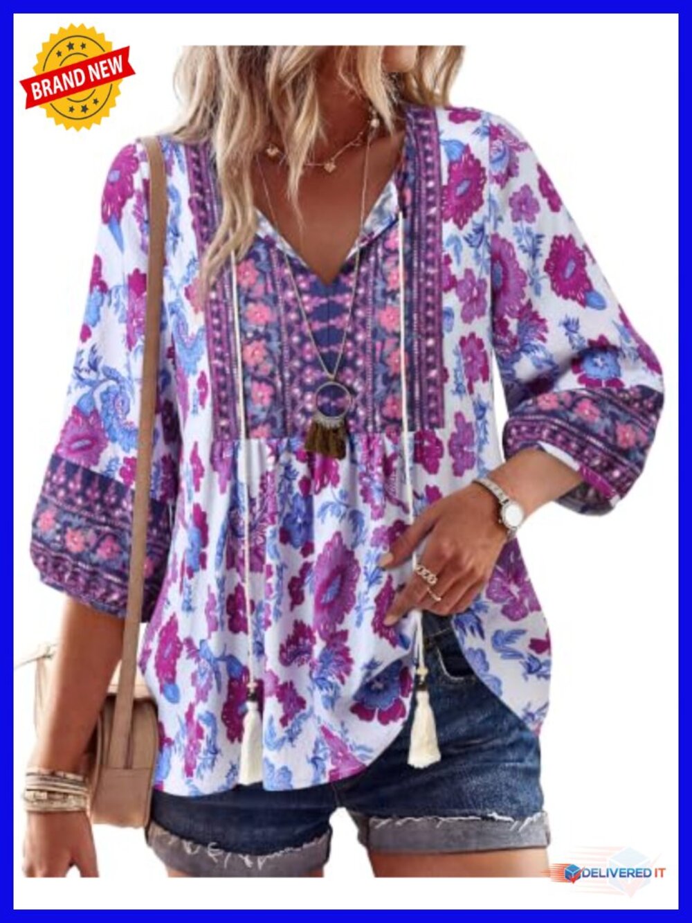Boho Babydoll Tunic Blouse 3/4 Sleeve Floral Cotton Linen V-Neck Pleated Peplum